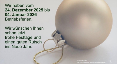 Wir haben vom 24.12. bis 04.1.2026 Betriebsferien. Wir wünschen Ihnen schon jetzt frohe Festtage udn einen guten Rutsch ins Neue Jahr.