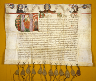 Stiftsarchiv St.Gallen, C1 A3, Ablassbrief für die St.Galler Pfarreien, 1333: mit zweitältester bildlicher Darstellung des heiligen Otmar