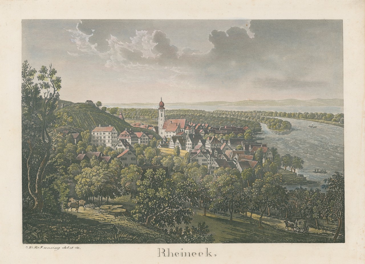 Die Form von Kirchtürmen im Rheintal assoziierte Cooper mit Minaretten / Ansicht: Rheineck, 1833 / Staatsarchiv St.Gallen: Signatur ZMH 59/013