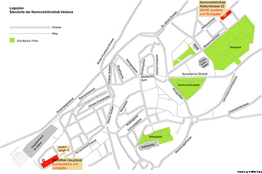 Lageplan der Kantonsbibliothek für die Standorte Notkerstrasse 22 und Gutenbergstrasse 2