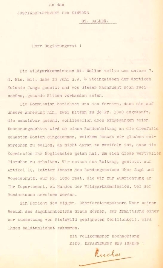 Bundesbeitrag zum Kauf von Alpensteinböcken; StASG KA R.179-2