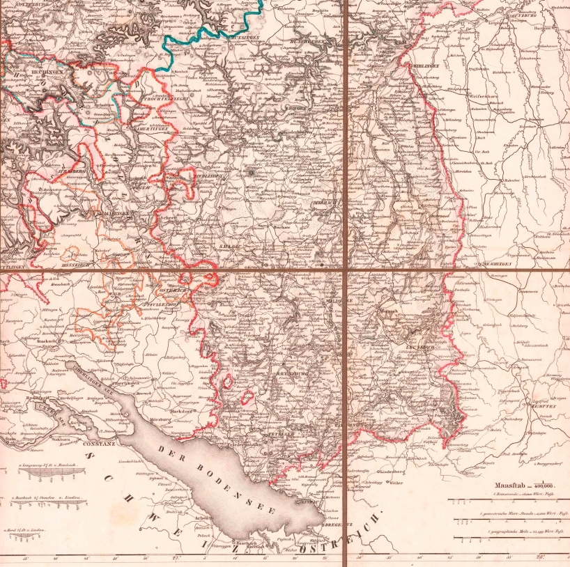 Der Kartenausschnitt zeigt das Oberschwabenland (Gebiet zwischen Bodensee und Donau); StASG KPH/Ausland (Schwaben), 1841