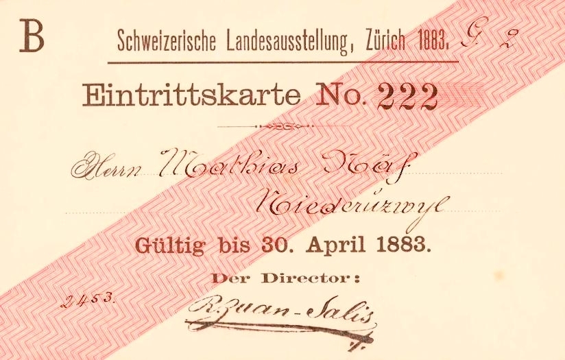 Eintrittskarte Naef zur Landesausstellung in Zürich, 1883; StASG W 031/07.02