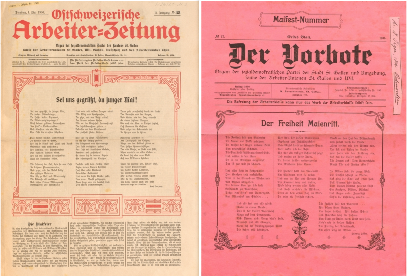 Der Vorbote, 1. Mai 1905, Titelblatt (StASG W 240/1.3-11.2); Ostschweizerische Arbeiterzeitung, 1. Mai 1906, Titelblatt Titelblatt (StASG W 240/1.3-11.2)