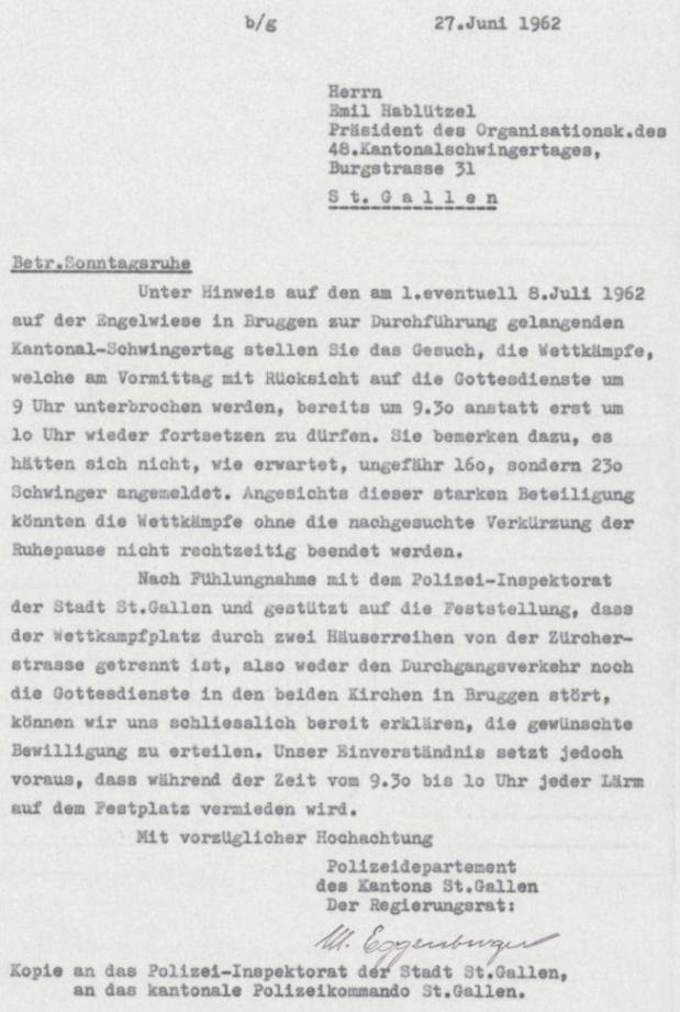Antwortschreiben des Regierungsrats Mathias Eggenberger betreffend Verkürzung der Sonntagsruhe, 27.06.1962 (StASG A 45/1232)