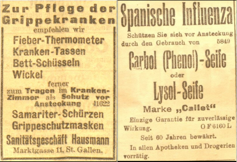 Annonce mit zwei Produkten zum Schutz der „Spanischen Influenza“ im Stadtanzeiger St.Gallen vom 21. Oktober 1918.