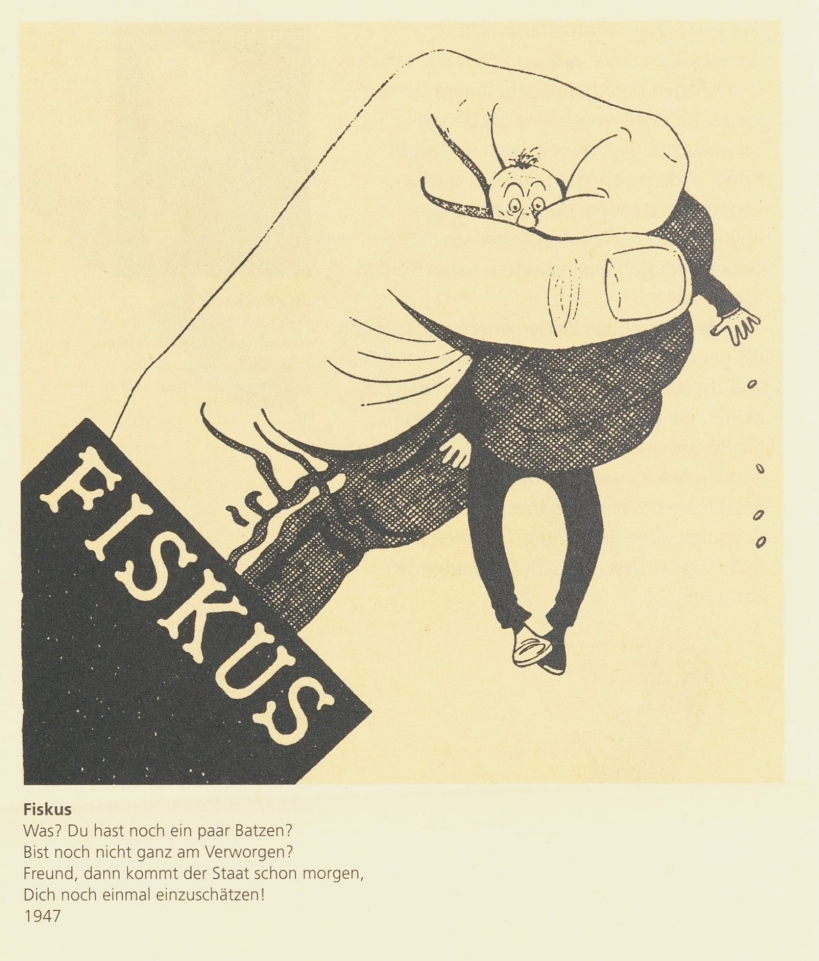 Darstellung des Fiskus in einer Karikatur von Carl Böckli, 1947 (StASG Bro I 172)