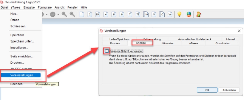 eTaxes Schriftgrösse anpassen