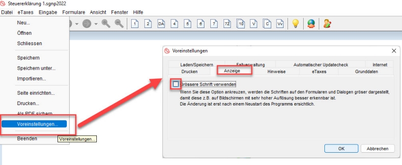 eTaxes Schriftgr&ouml;sse anpassen