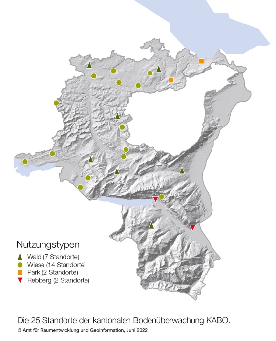 Die 26 Standorte der kantonalen Bodenüberwachung (KABO)