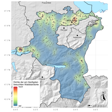 Verteilung der im Kanton St.Gallen von der Bevölkerung am häufigsten besuchten Wälder