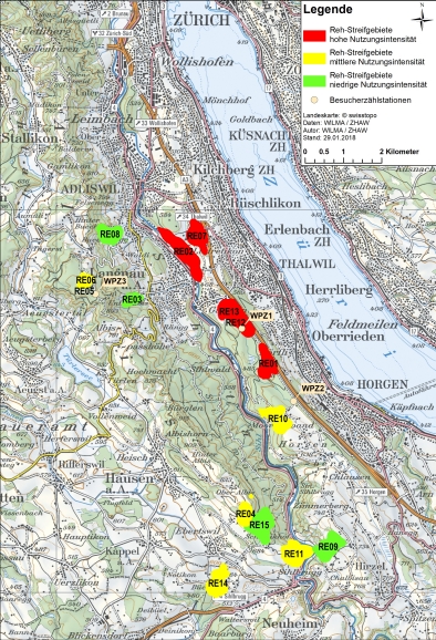 Untersuchungsgebiet mit Zimmerberg und Albiskette südlich der Stadt Zürich und Agglomeration. In der Karte eingezeichnet sind die Streifgebiete der 15 besenderten Rehe (RE01-15) in Bereichen unterschiedlicher menschlicher Nutzungsintensität sowie die Standorte der drei Besucherzählstationen (WPZ1-3).