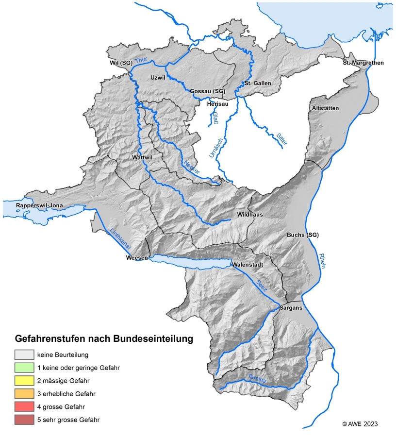 Karte des Kantons St.Gallen mit eingefärbten Regionen nach Gefahrenstufen