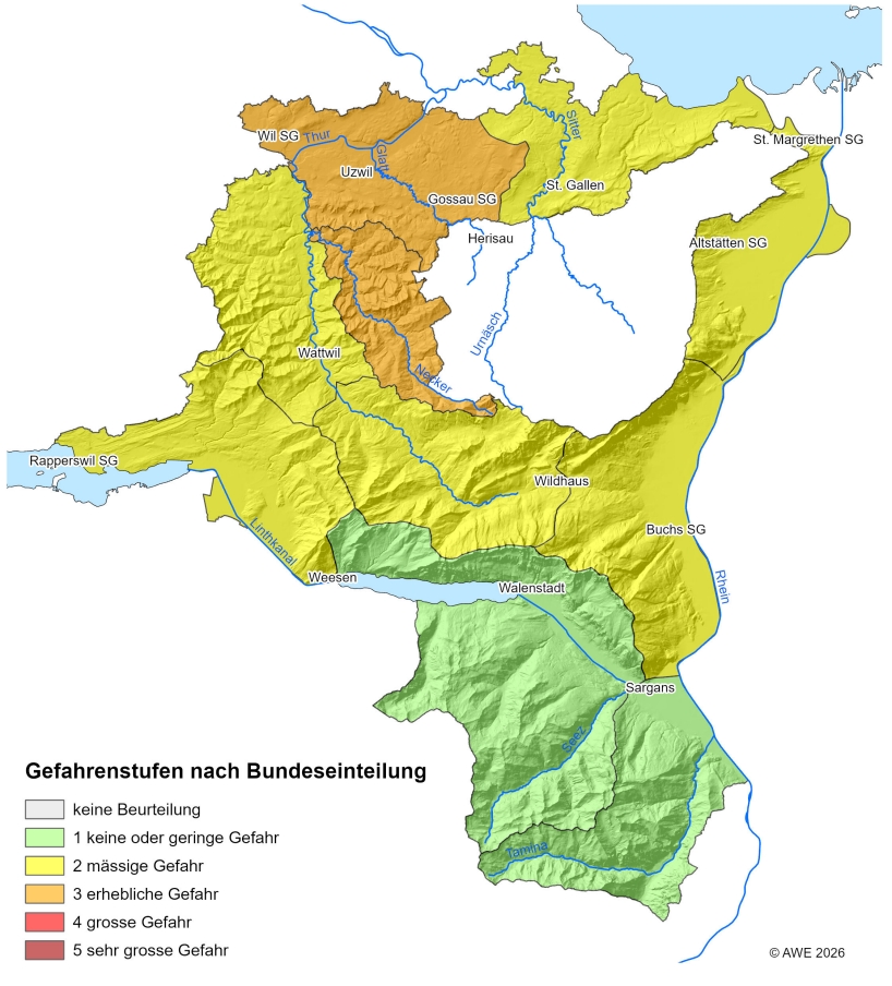 Karte des Kantons St.Gallen mit eingef&auml;rbten Regionen nach Gefahrenstufen